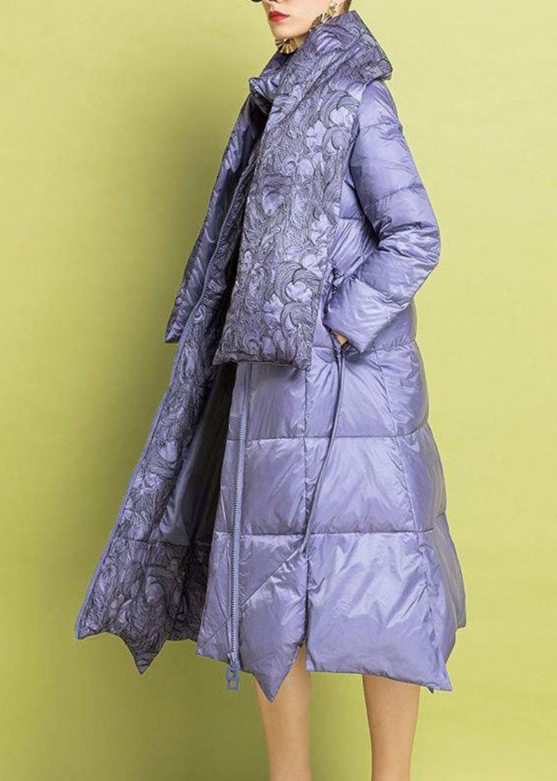 Elegant Lilla Brodert Asymmetrisk Design Fin Bomullsfylt Parkas Vinter - Dunjakker for kvinner