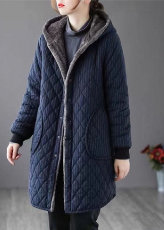 Elegant Navy Hette Stripete Varm Fleece Parka Vinter