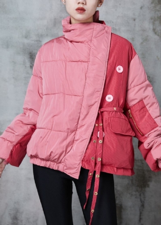 Elegant Rosa Asymmetrisk Patchwork Snøring Fin Bomullsfylt Parkajakke Vinter