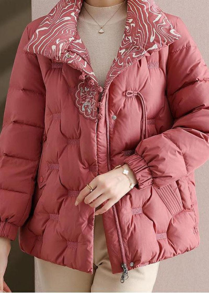 Elegant Rosa Brodert Stativ Krage Andedun Puffers Jakker Vinter - Dunjakker for kvinner