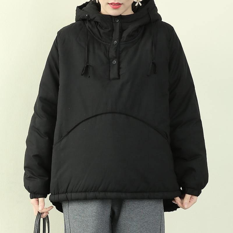 Elegant Svart Dameparkas Plus Size Snøjakker Med Hette Og Snøring