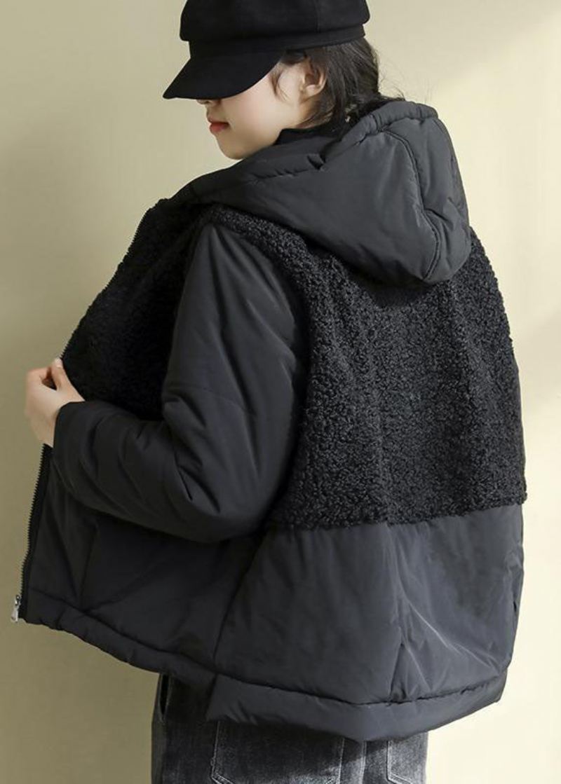 Elegant Svart Hette Patchwork-parkas Med Glidelås I Fuskepels Vinter - Dunjakker for kvinner