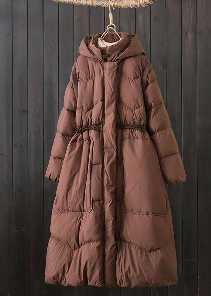 Elegante Brune Hette Patchworklommer Duck Down Puffer Winter