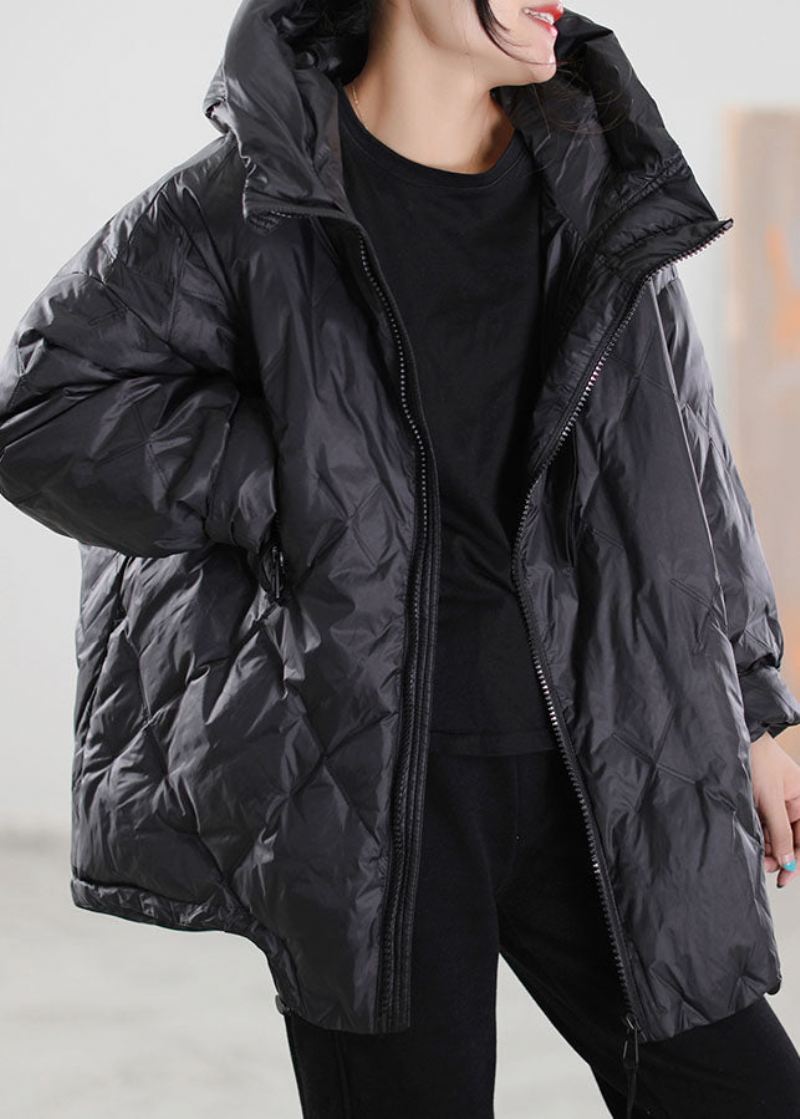 Enkel Black Zip Up Snøring Duck Down Coat Winter