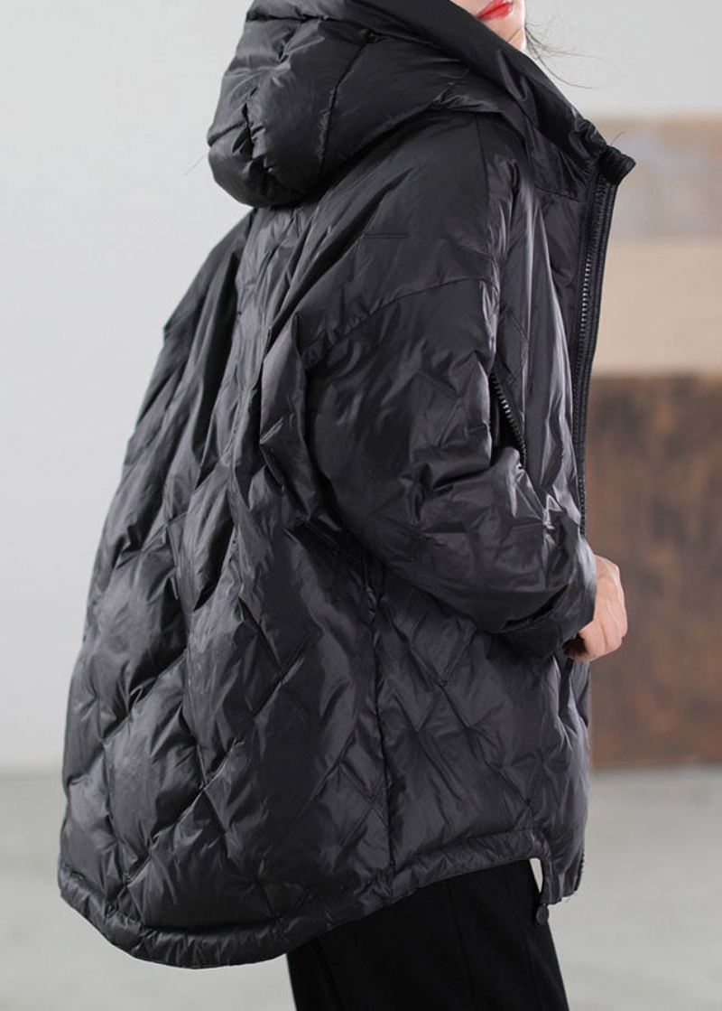 Enkel Black Zip Up Snøring Duck Down Coat Winter - Svart