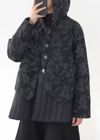 Fashion Black Button Patchwork Print Lommer Hette Parka Langermet