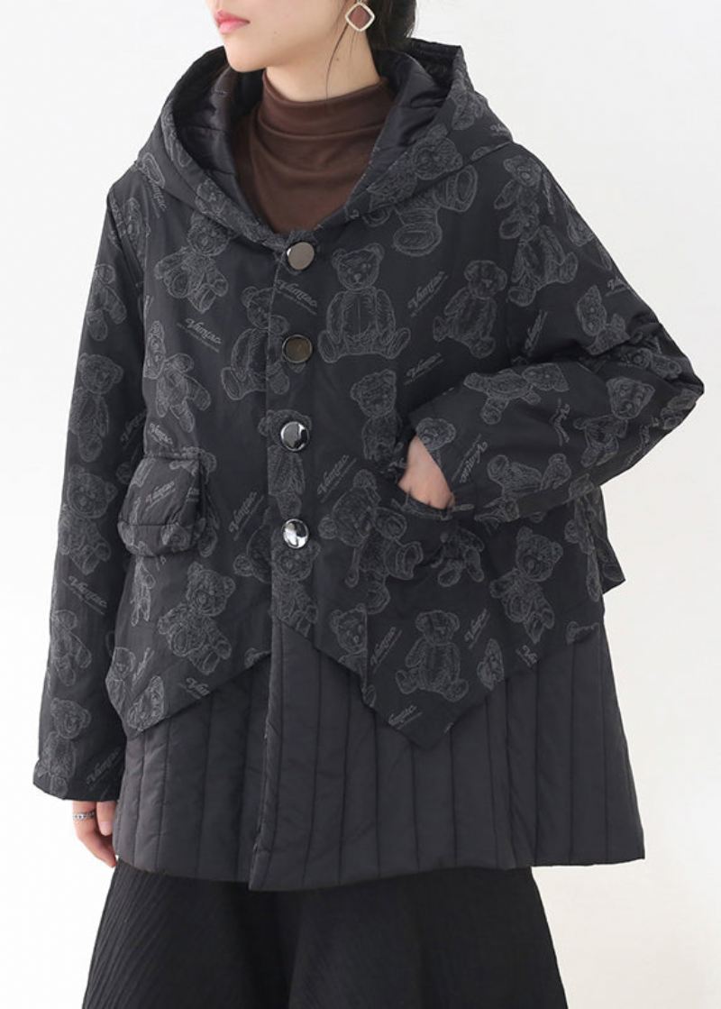 Fashion Black Button Patchwork Print Lommer Hette Parka Langermet - Dunjakker for kvinner