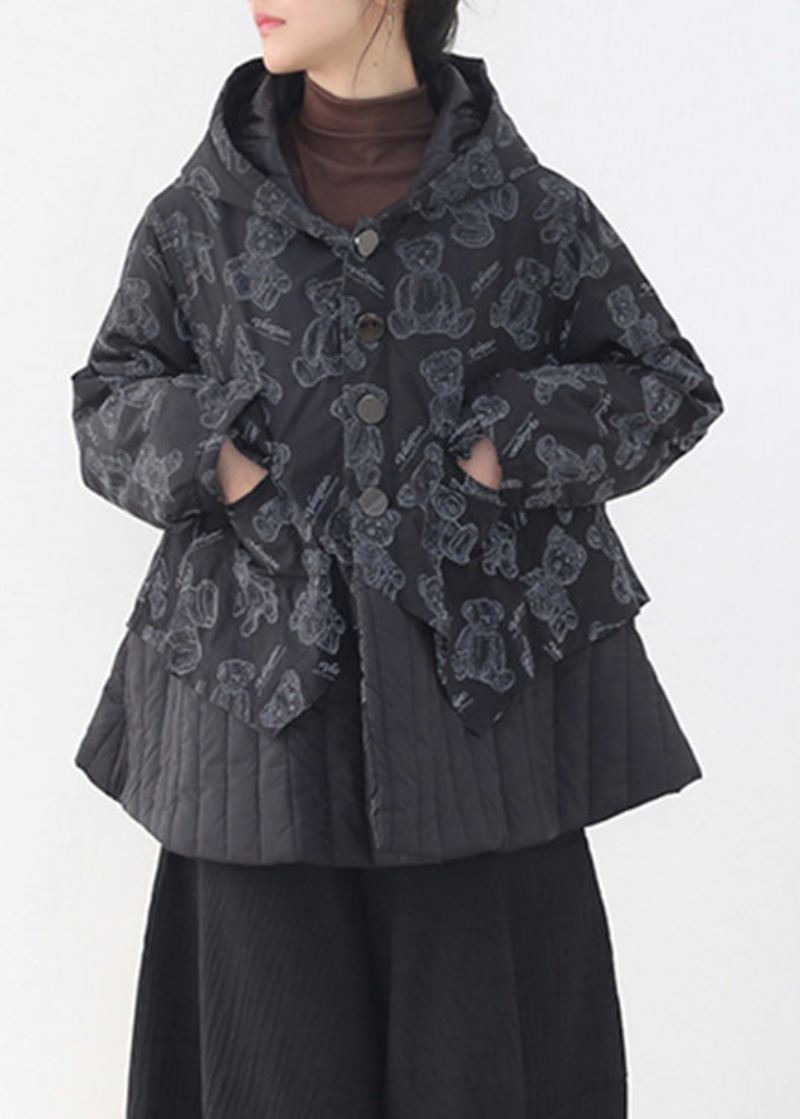 Fashion Black Button Patchwork Print Lommer Hette Parka Langermet - Dunjakker for kvinner