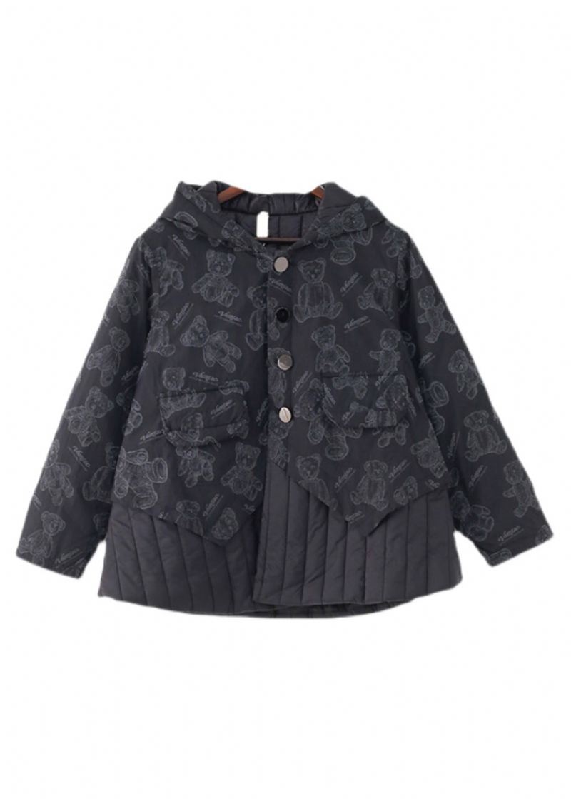 Fashion Black Button Patchwork Print Lommer Hette Parka Langermet - Dunjakker for kvinner