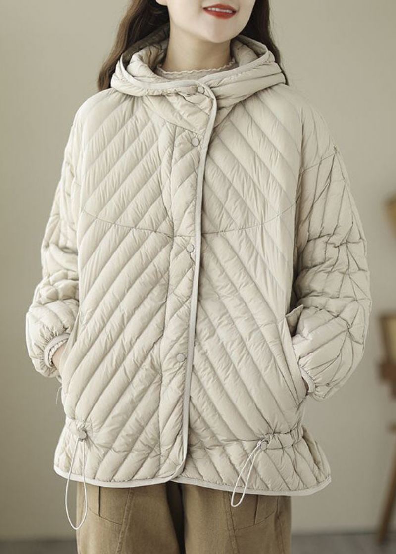 Fin Beige Hette Snøring Duck Down Puffer Coat Vinter