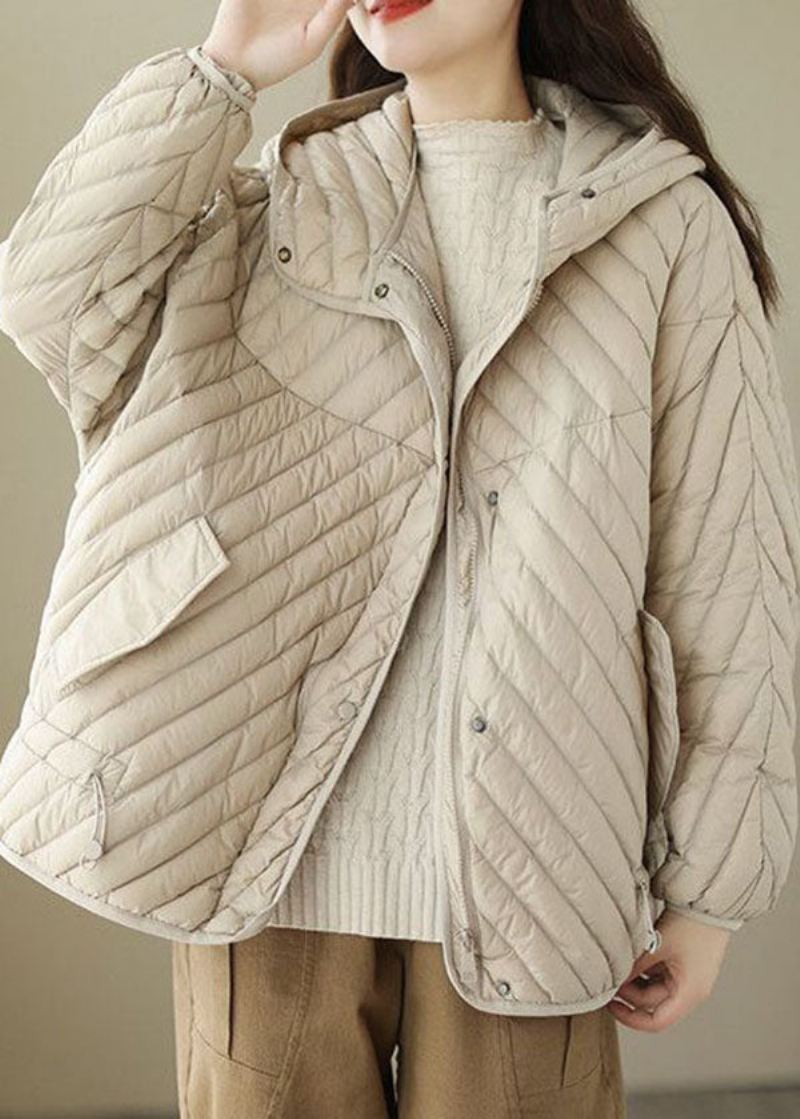 Fin Beige Hette Snøring Duck Down Puffer Coat Vinter - Dunjakker for kvinner