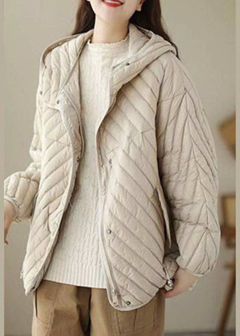 Fin Beige Hette Snøring Duck Down Puffer Coat Vinter - Dunjakker for kvinner