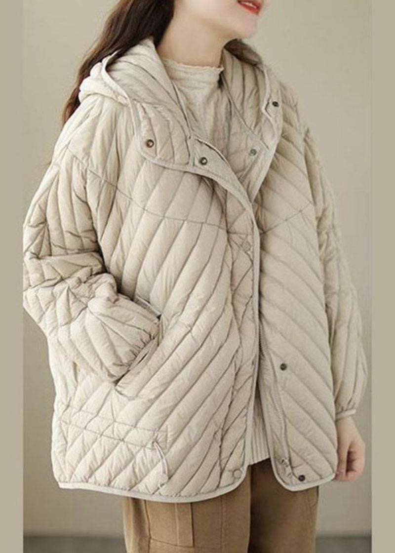 Fin Beige Hette Snøring Duck Down Puffer Coat Vinter - Dunjakker for kvinner