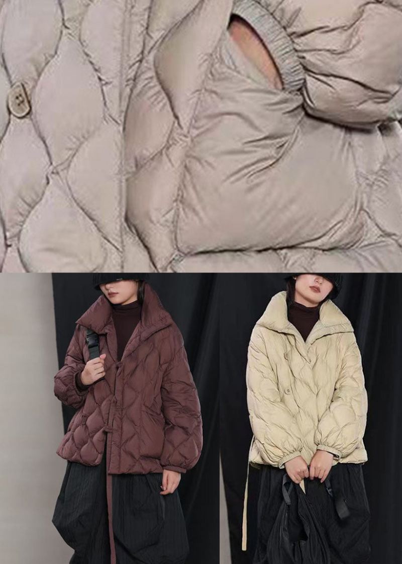 Fin Khaki Løs Stativ Krage Lommer Vinter Duck Down Puffer Coat - Grå