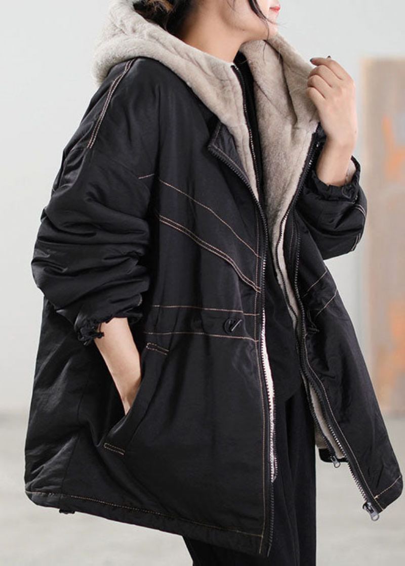 Fin Svart Hette Patchwork Cashmere Parkas Vinter