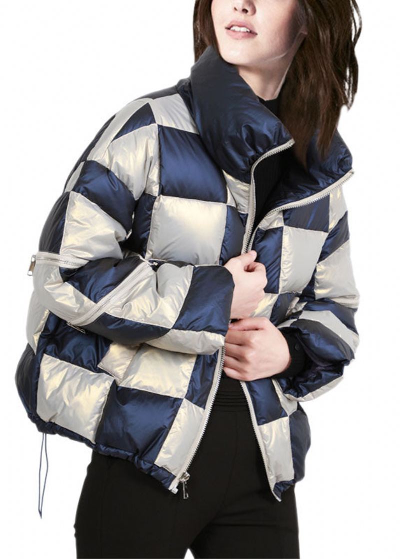 Fransk Colorblock Stativ Krage Zip Up Drawstring Plaid Duck Down Pufferjakke Vinter - Dunjakker for kvinner