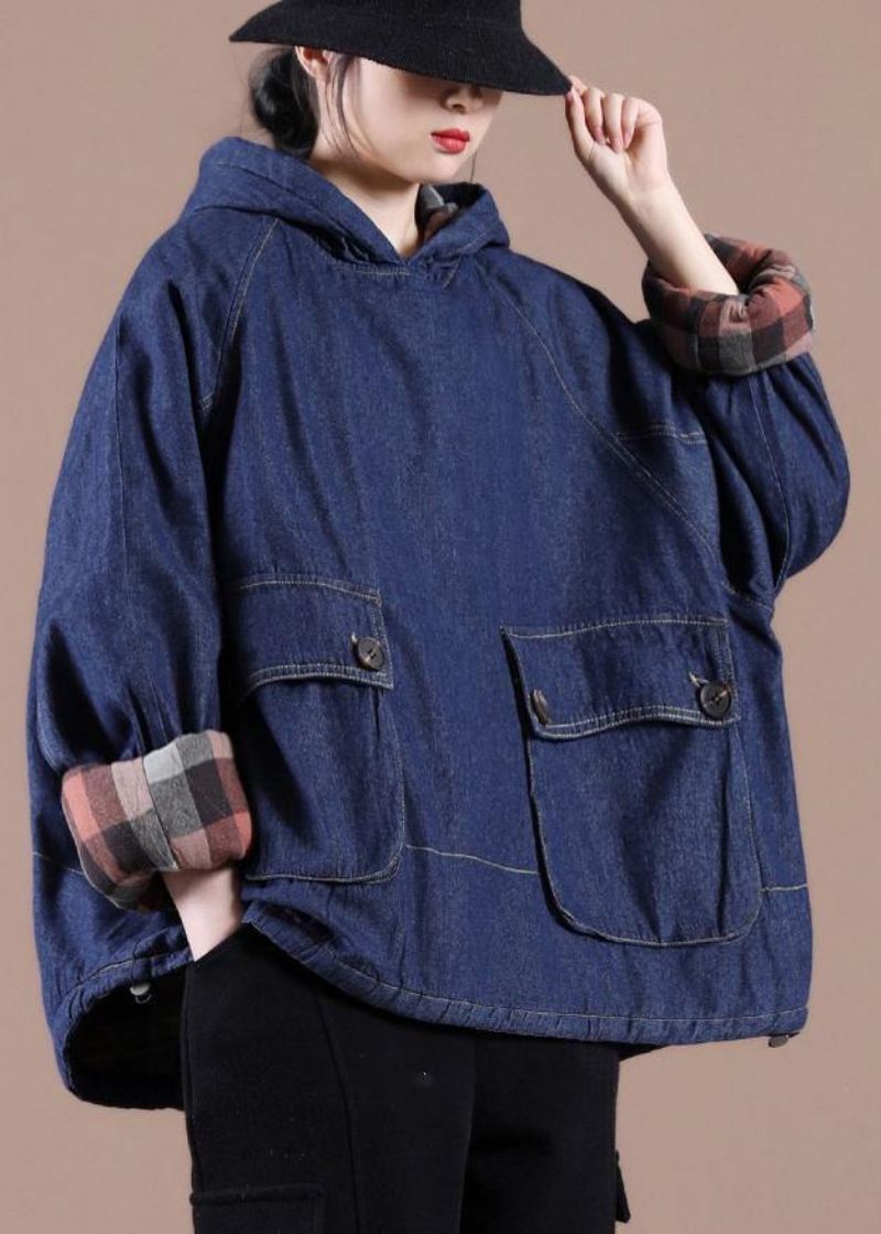 Fransk Denim Blå Klær For Dame Hettelommer Oversized Spring Topper