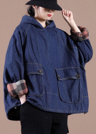 Fransk Denim Blå Klær For Dame Hettelommer Oversized Spring Topper