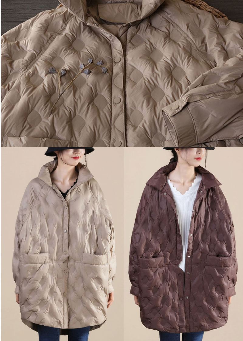 Fransk Khaki Stativ Krage Oversized Duck Down Coat Vinter - Kaki