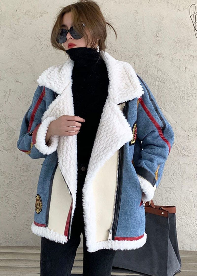 French Blue Zip Up Denim Patchwork Faux Fur Vinterfrakk