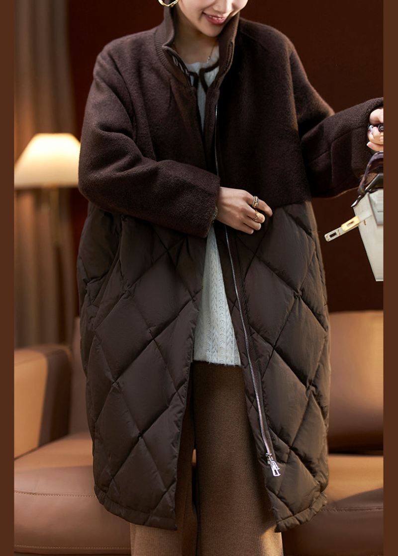 French Coffee Zip Up Lommer Ull Patchwork Duck Down Parka Winter - Dunjakker for kvinner