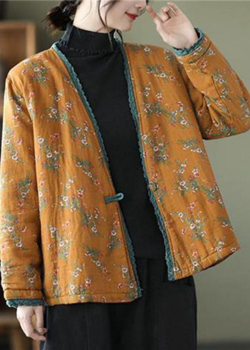 Gul Patchwork Blonder Fin Bomull Fylt Cardigan V-hals Print Vinter - Dunjakker for kvinner