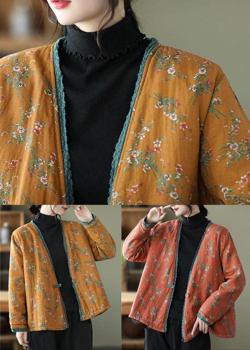 Gul Patchwork Blonder Fin Bomull Fylt Cardigan V-hals Print Vinter - Dunjakker for kvinner