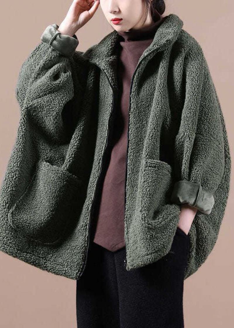 Italiensk Army Green Oversized Teddy Faux Fur Coat Med Glidelås Vinter