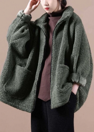 Italiensk Army Green Oversized Teddy Faux Fur Coat Med Glidelås Vinter