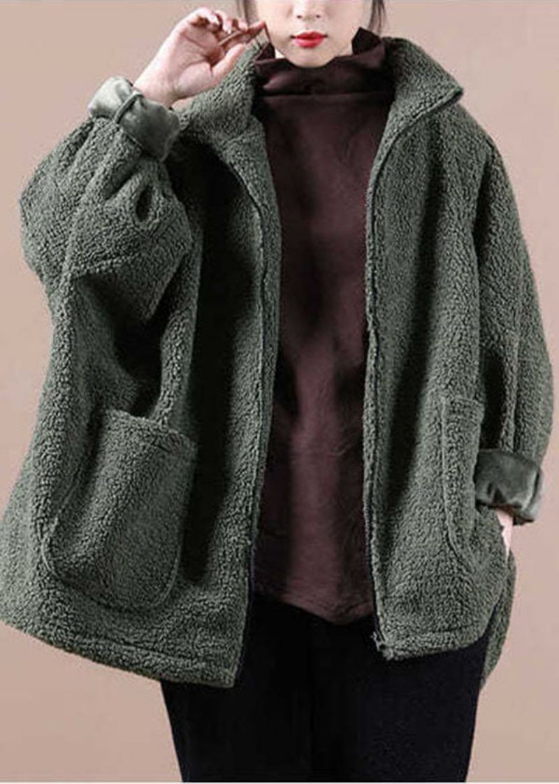 Italiensk Army Green Oversized Teddy Faux Fur Coat Med Glidelås Vinter - Army Green