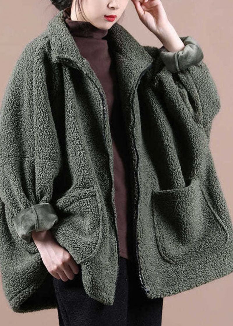 Italiensk Army Green Oversized Teddy Faux Fur Coat Med Glidelås Vinter - Army Green