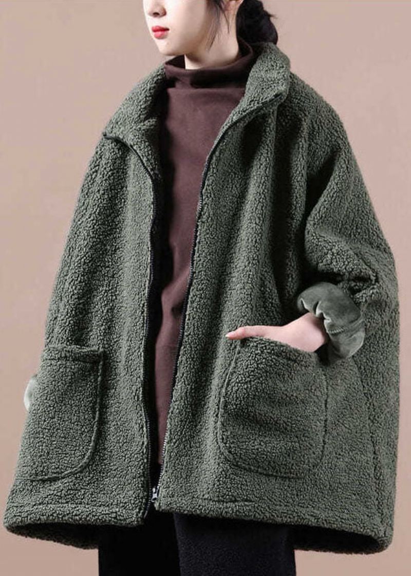 Italiensk Army Green Oversized Teddy Faux Fur Coat Med Glidelås Vinter - Army Green