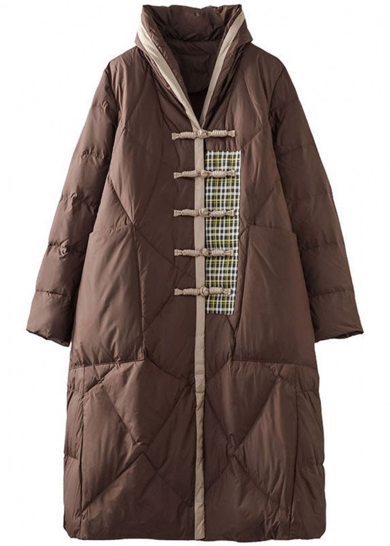 Italiensk Chocolate Mandarin Krage Oversized Patchwork Duck Down Puffer Jacket Vinter - Dunjakker for kvinner