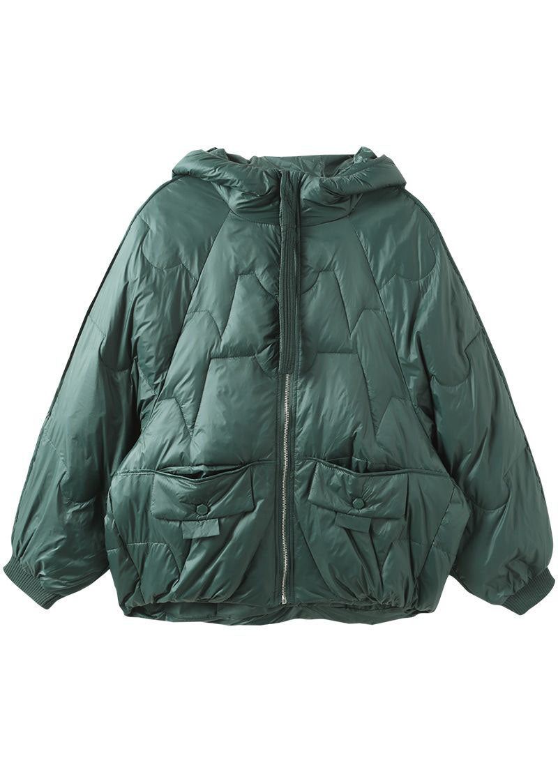 Italiensk Grønn Zip Up Oversized Hette Duck Down Coat Vinter - Dunjakker for kvinner