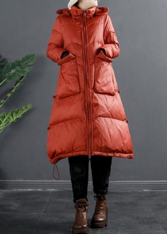 Italiensk Rød Zip Up Lommer Hette Duck Down Puffer Coat Vinter