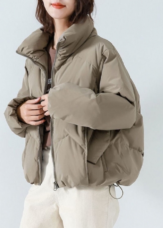 Khaki Duck Down Puffer Jacket Stativ Krage Glidelås Langermet