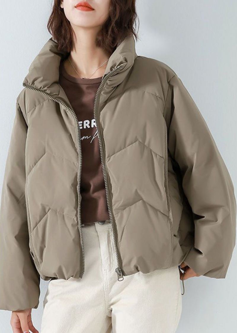 Khaki Duck Down Puffer Jacket Stativ Krage Glidelås Langermet - Khaki