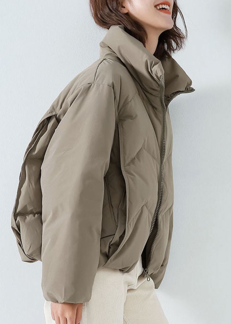 Khaki Duck Down Puffer Jacket Stativ Krage Glidelås Langermet - Khaki