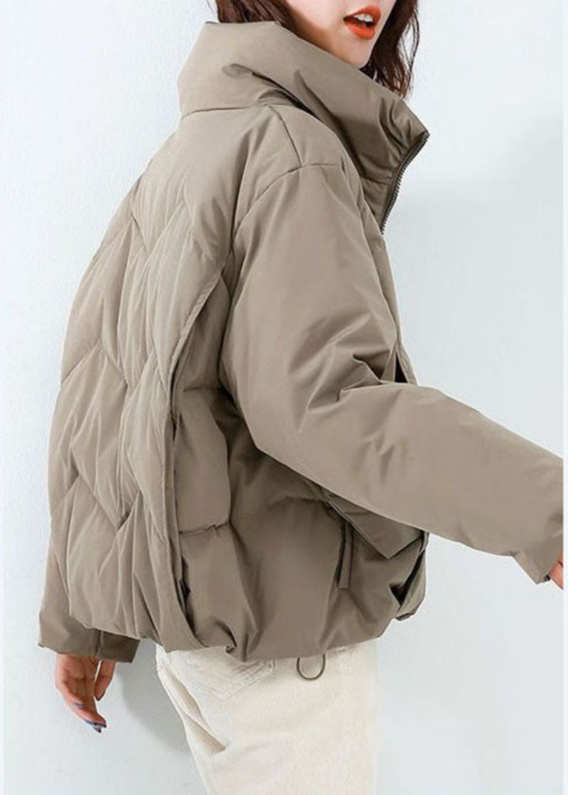 Khaki Duck Down Puffer Jacket Stativ Krage Glidelås Langermet - Khaki