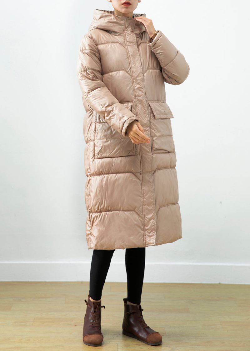 Khaki Duck Down Puffer Jakke Oversized Hette Vinter - Dunjakker for kvinner