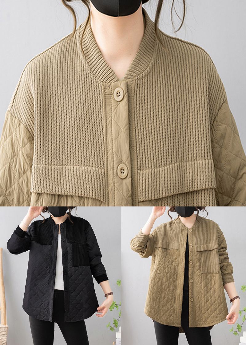 Khaki Lav Høy Design Patchwork Tynn Cotton Stativ Krage Vinter - Dunjakker for kvinner