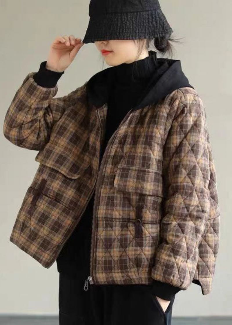 Khaki Plaid Fine Cotton Fyllte Puffers Jakker Zip Up Winter