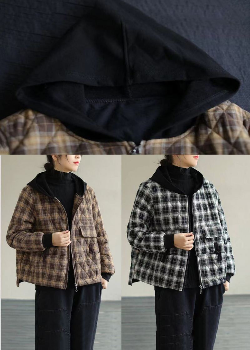 Khaki Plaid Fine Cotton Fyllte Puffers Jakker Zip Up Winter - Khaki