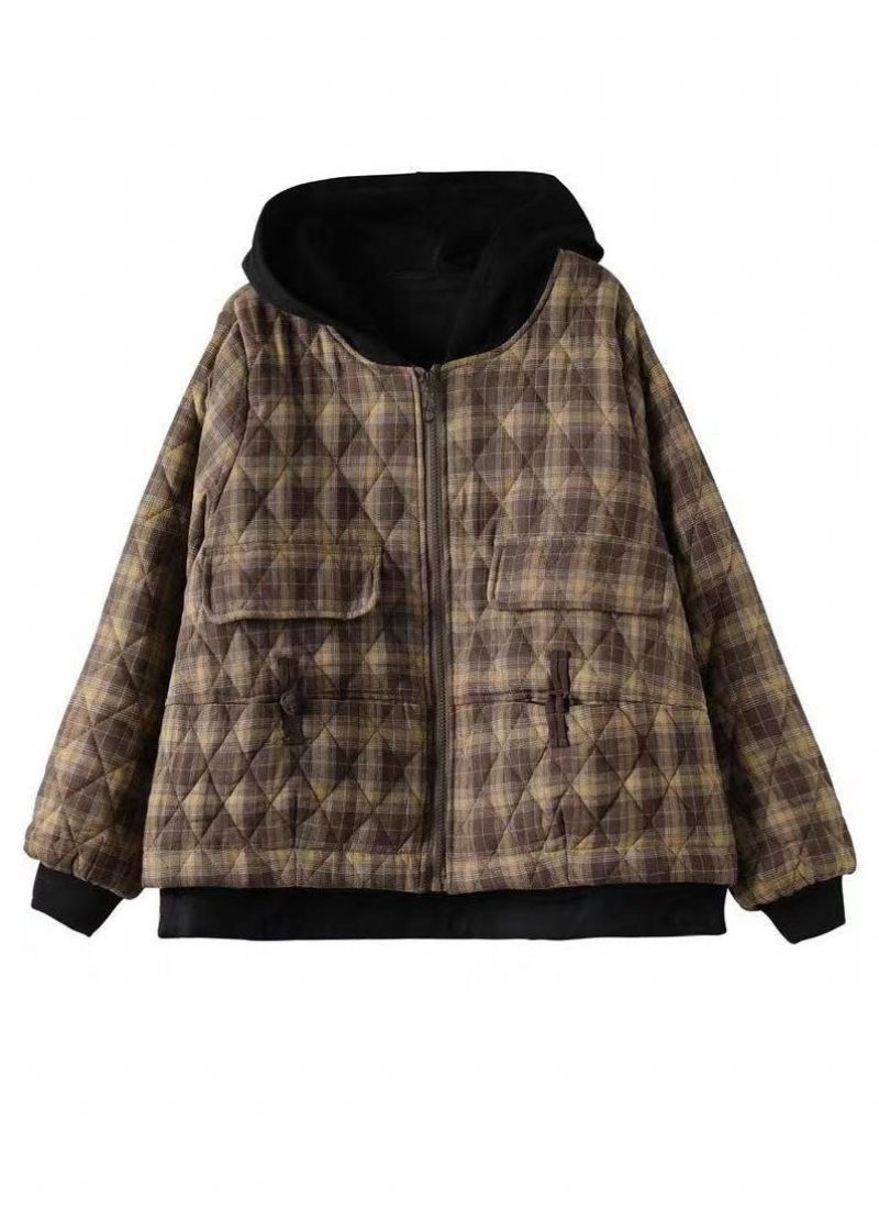 Khaki Plaid Fine Cotton Fyllte Puffers Jakker Zip Up Winter - Khaki