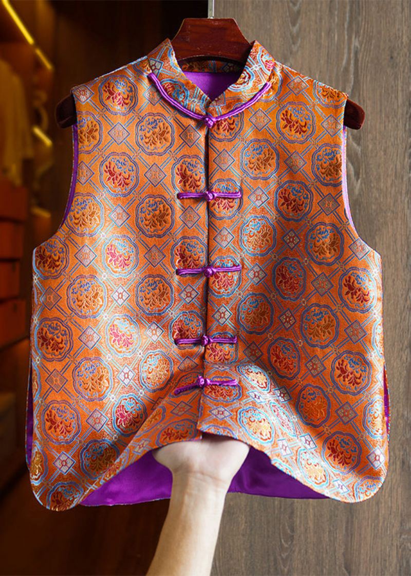 Kinesisk Stil Oransje Brodert Knapp Patchwork Silke Vest