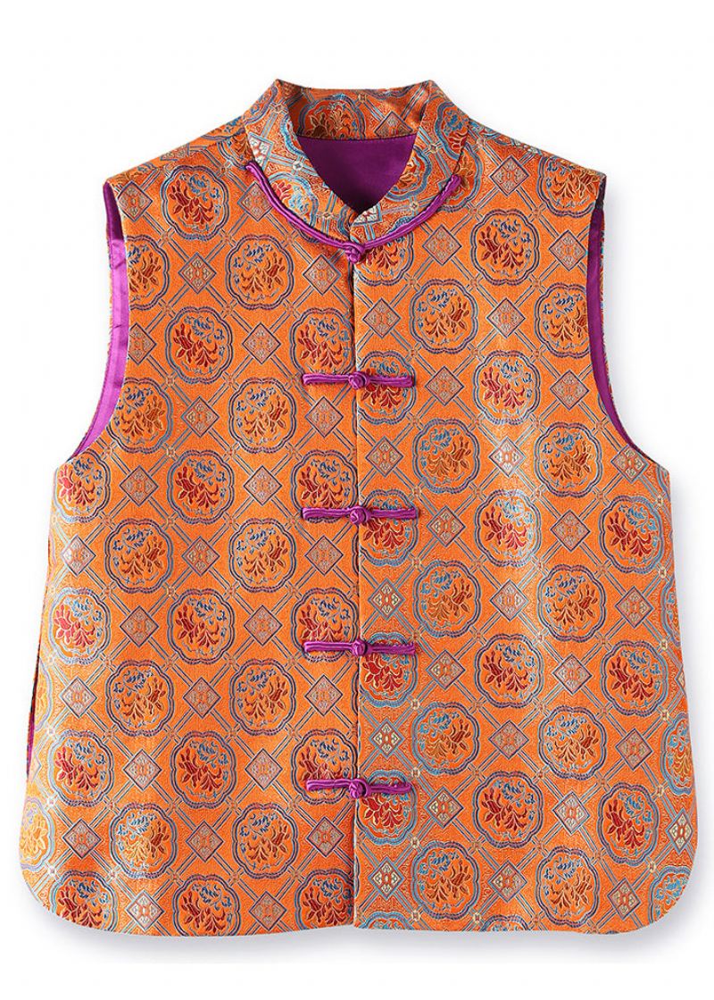 Kinesisk Stil Oransje Brodert Knapp Patchwork Silke Vest - Dunjakker for kvinner