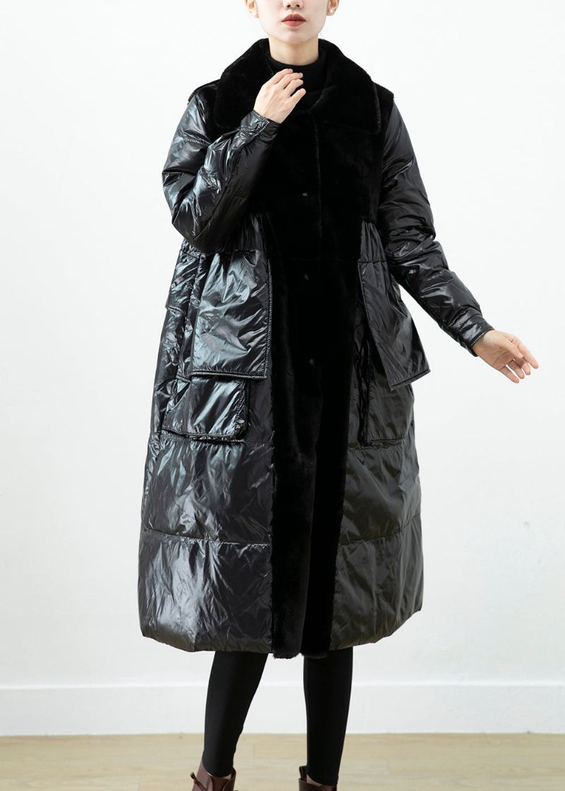 Klassisk Svart Overdimensjonert Patchwork Mink Velvet Duck Down Jacket Vinter - Dunjakker for kvinner