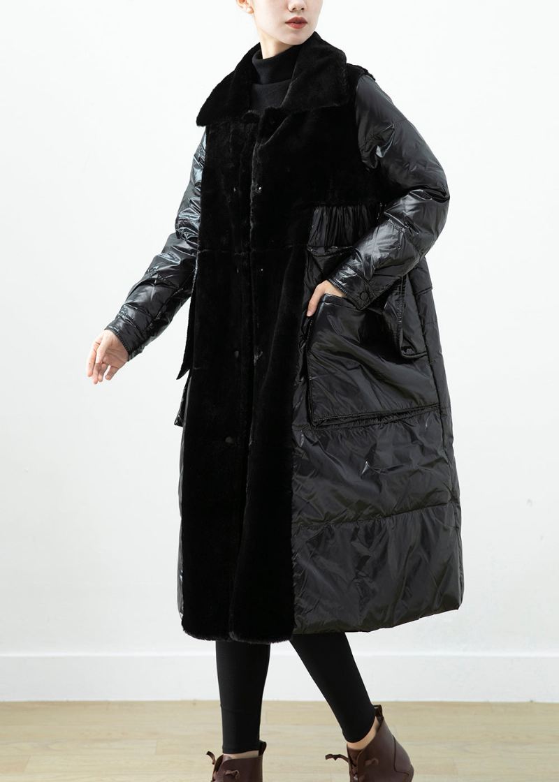 Klassisk Svart Overdimensjonert Patchwork Mink Velvet Duck Down Jacket Vinter - Dunjakker for kvinner