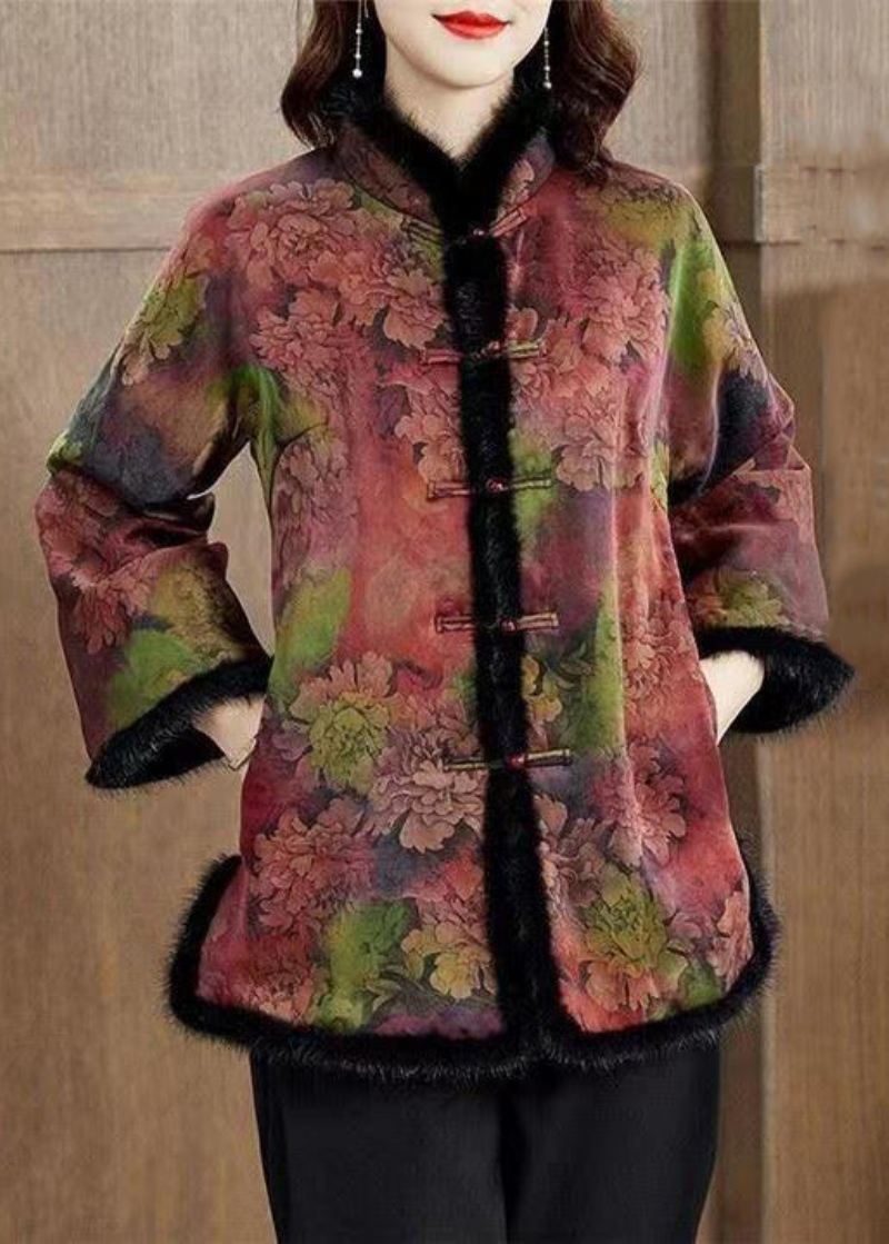 Kvinner Colorblock Pelskrage Print Lommer Fleece Coat Vinter