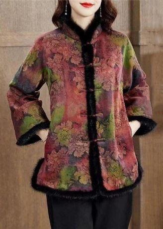 Kvinner Colorblock Pelskrage Print Lommer Fleece Coat Vinter